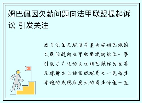 姆巴佩因欠薪问题向法甲联盟提起诉讼 引发关注 姆巴佩因欠薪问题向法甲联盟提起诉讼 引发关注
