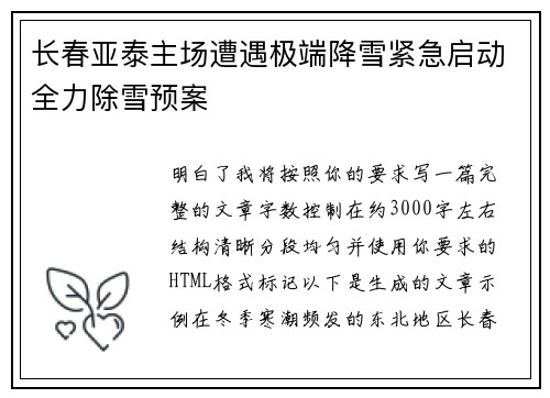 长春亚泰主场遭遇极端降雪紧急启动全力除雪预案